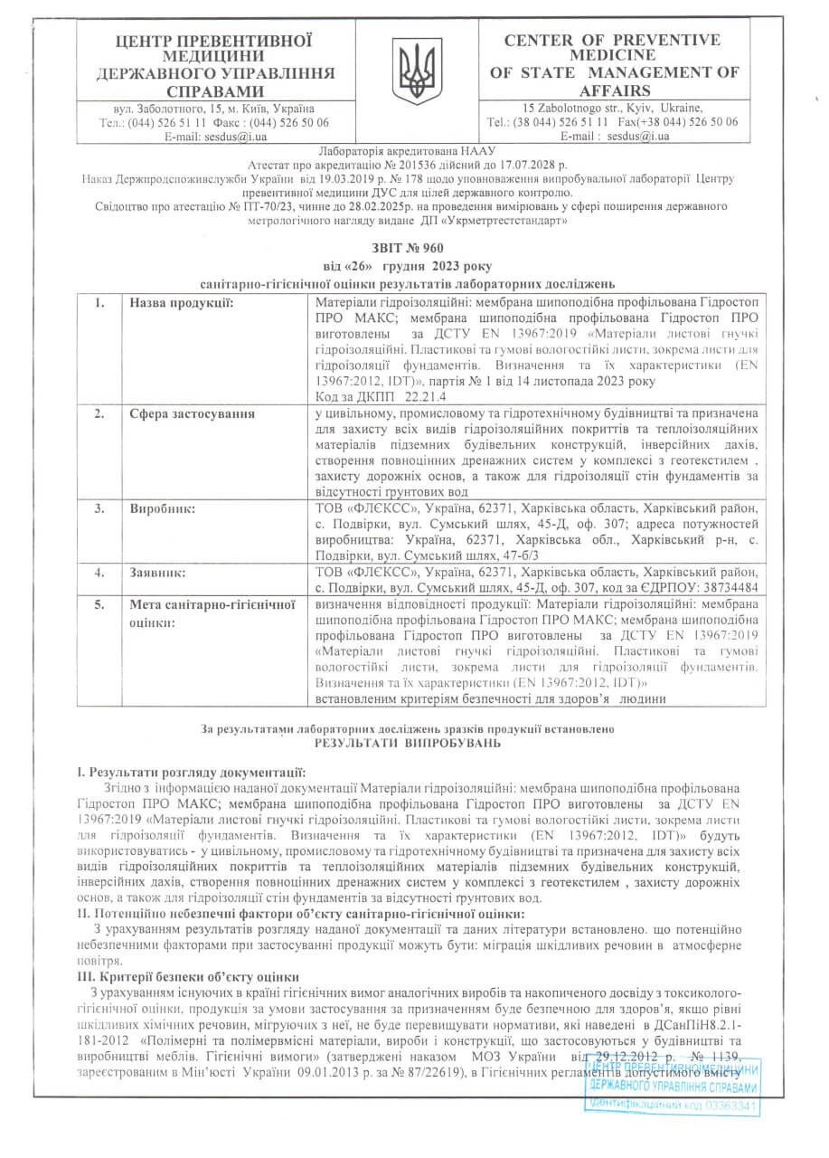 Отчет санитарно-гигиенической оценки шиповидных профилированных мембран Гидростоп ПРО и Гидростоп ПРО МАКС 1